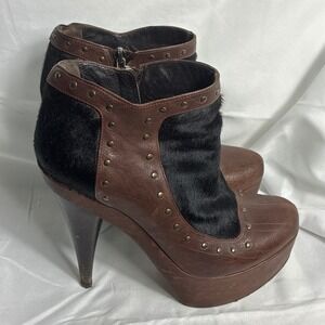 Fendi Brown Leather Black Pony Hair Studded Platform Ankle Boots EU 39